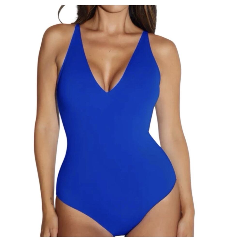 NWT TA3 Plungey Swimsuit Lace Up One Piece Shapewear Sapphire Blue L Short